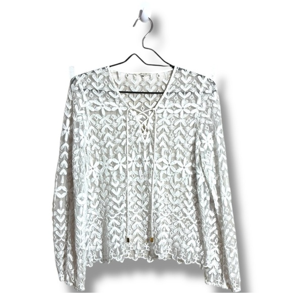 River Island Tops - River Island Sheer Lace Up Front Floral Lace Design Long Sleeve Blouse in White